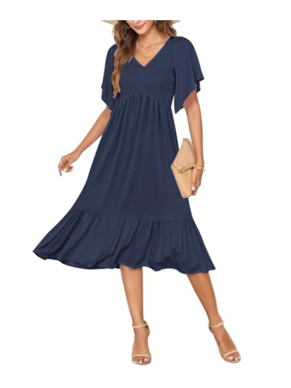 Women's Flutter Sleeve Midi Dress Empire Waist Smocked Tiered Beach V-Neck